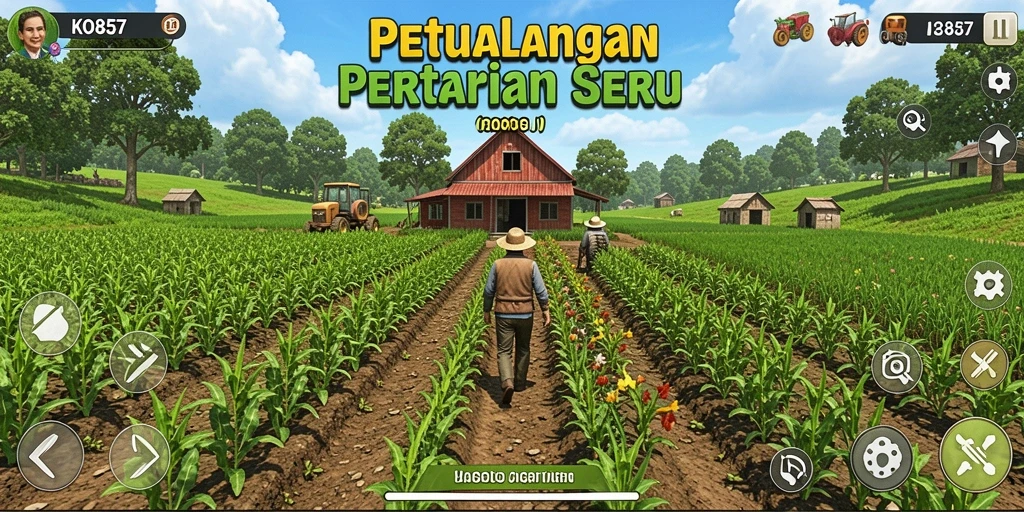 Tangkapan layar utama KO857 dengan aksi pertanian yang seru dan interaksi sosial.