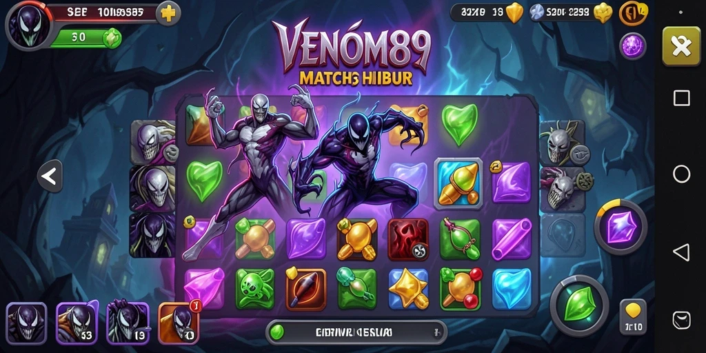 Screenshot permainan VENOM889 menampilkan aksi Match-3 yang mengasyikkan.